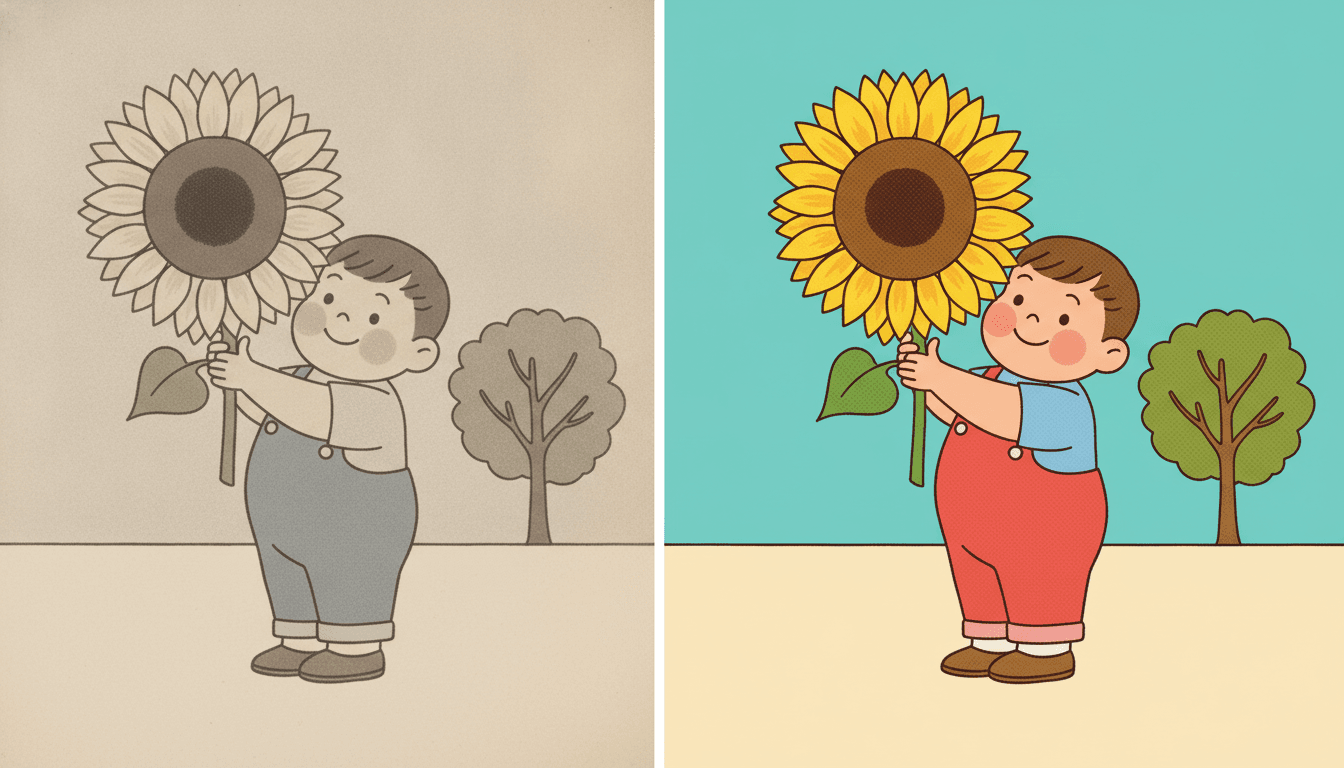 One wide picture split into two halves showing the same drawing twice: a plump boy in dungarees holding up a big sunflower, with a round-topped tree behind him. In the left half every colour has been drained — the sky is dishwater beige, the sunflower is grey-white with a brown centre, the dungarees are flat grey, the tree is a grey smudge and his hair and shoes are mud-coloured, so the picture reads as a tired faded reprint. In the right half the identical drawing is printed in bright ink: a flat teal sky, cherry-red dungarees over a blue shirt, a marigold-yellow sunflower with a brown centre, a green tree on a brown trunk and a warm cream ground. The line work, the pose and the halftone dot texture are the same on both sides — only the colour has changed
