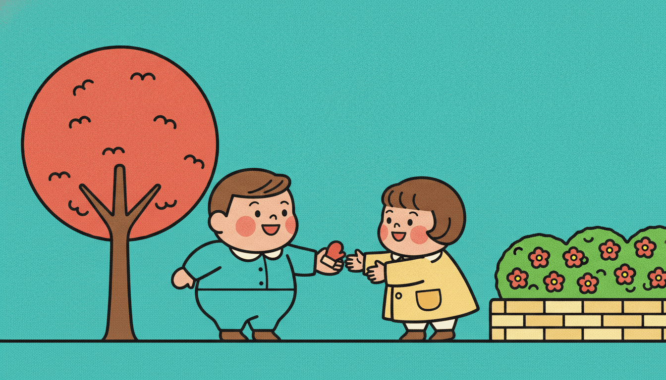 A plump boy in a pale teal buttoned suit holds out a small red mitten on his open palm while a plump girl in a yellow coat reaches out happily to take it back, both with round rosy cheeks and open smiles. A round coral-red tree on a brown trunk stands on the left, a green hedge dotted with small red flowers sits on top of a yellow brick wall on the right, and the whole upper half of the picture is flat teal sky. Every colour is one flat printed area with a fine halftone texture, and nothing anywhere casts a shadow