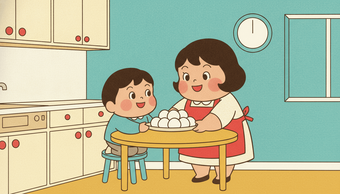 A bright tidy kitchen drawn in flat printed colour. A plump woman in a cherry-red dress and cream apron sets a cream dish of round white rice balls on a round yellow table, and a plump boy in a teal top kneels up on a teal stool to look at it, both smiling with round rosy cheeks. Cream cupboards with small red knobs run along the left wall, a teal wall holds a plain cream clock face with a single hand and no numbers, a cream window frame opens on the right, and the floor is flat marigold yellow. The whole room is lit flatly and evenly like a printed page: no light falls across the floor, and nothing — not the table, the stool, the dish or either figure — casts a shadow on anything