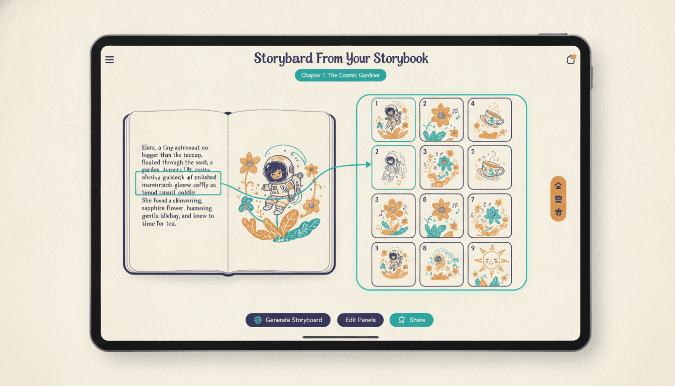 Making a storyboard from a storybook: a finished chapter of prose on the left and a nine-panel numbered storyboard sheet generated from it on the right