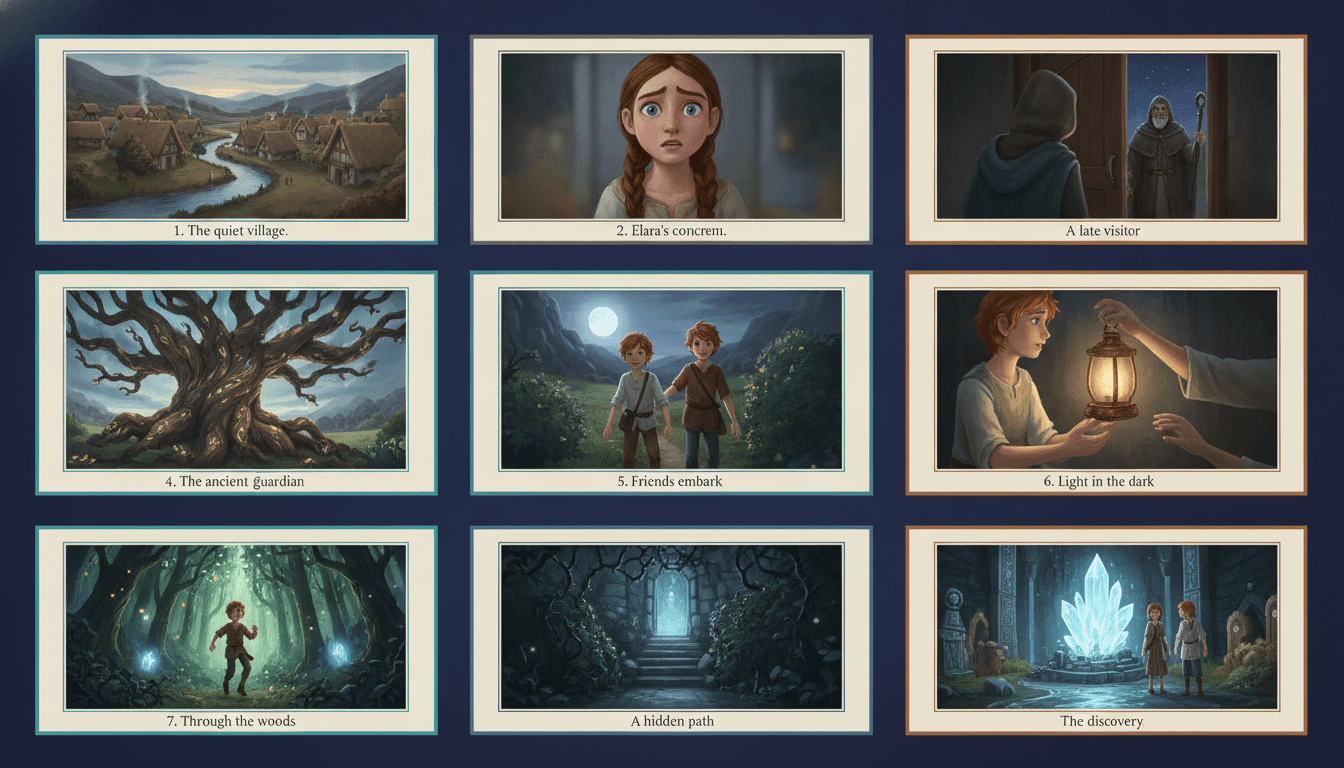 A grid of nine storyboard panels boarded from one picture book, each numbered with a short caption strip