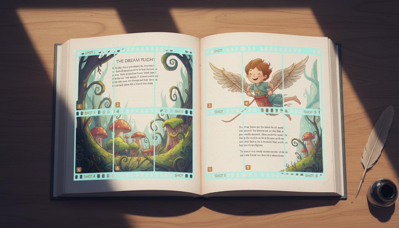 An open storybook with numbered shot frames overlaid on its pages, each frame enclosing a different chunk of text and illustration