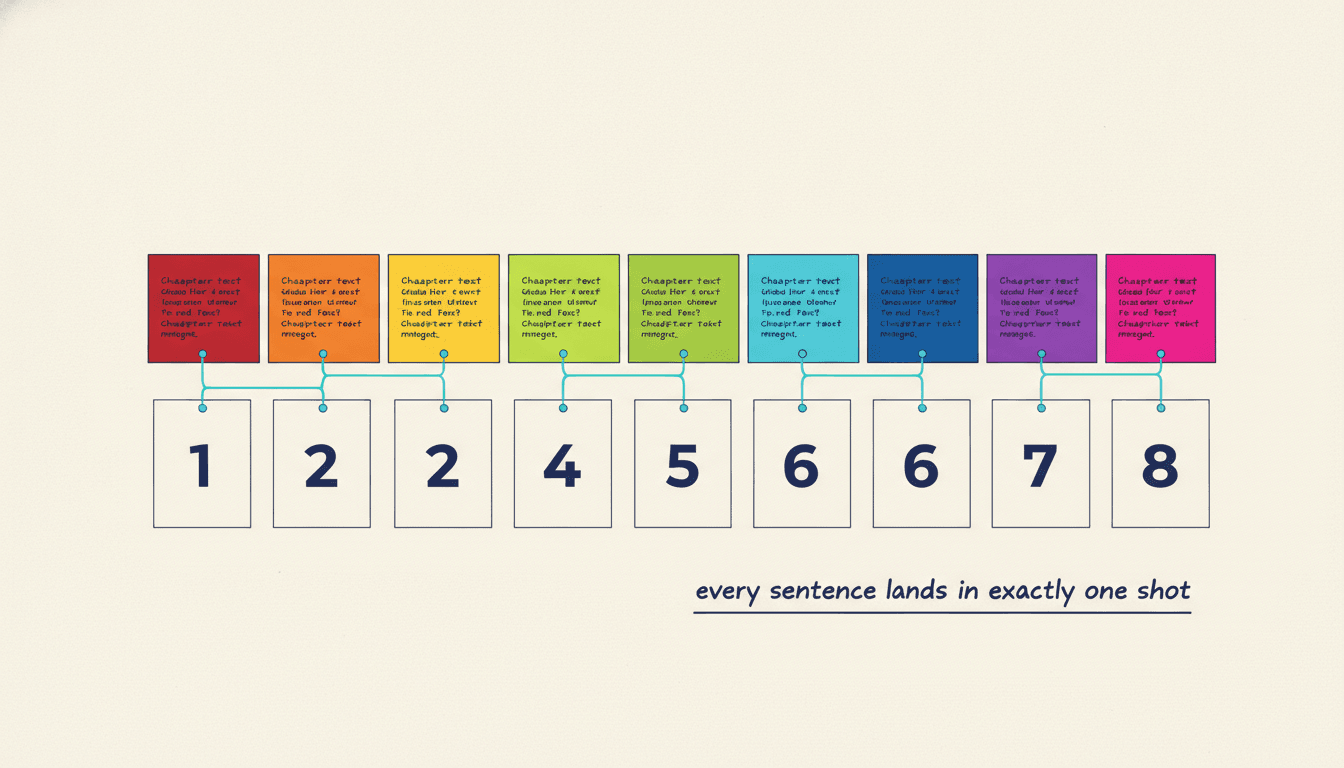 A coverage diagram showing a chapter of text divided edge to edge into eight contiguous coloured chunks, each joined by a thread to its numbered storyboard panel