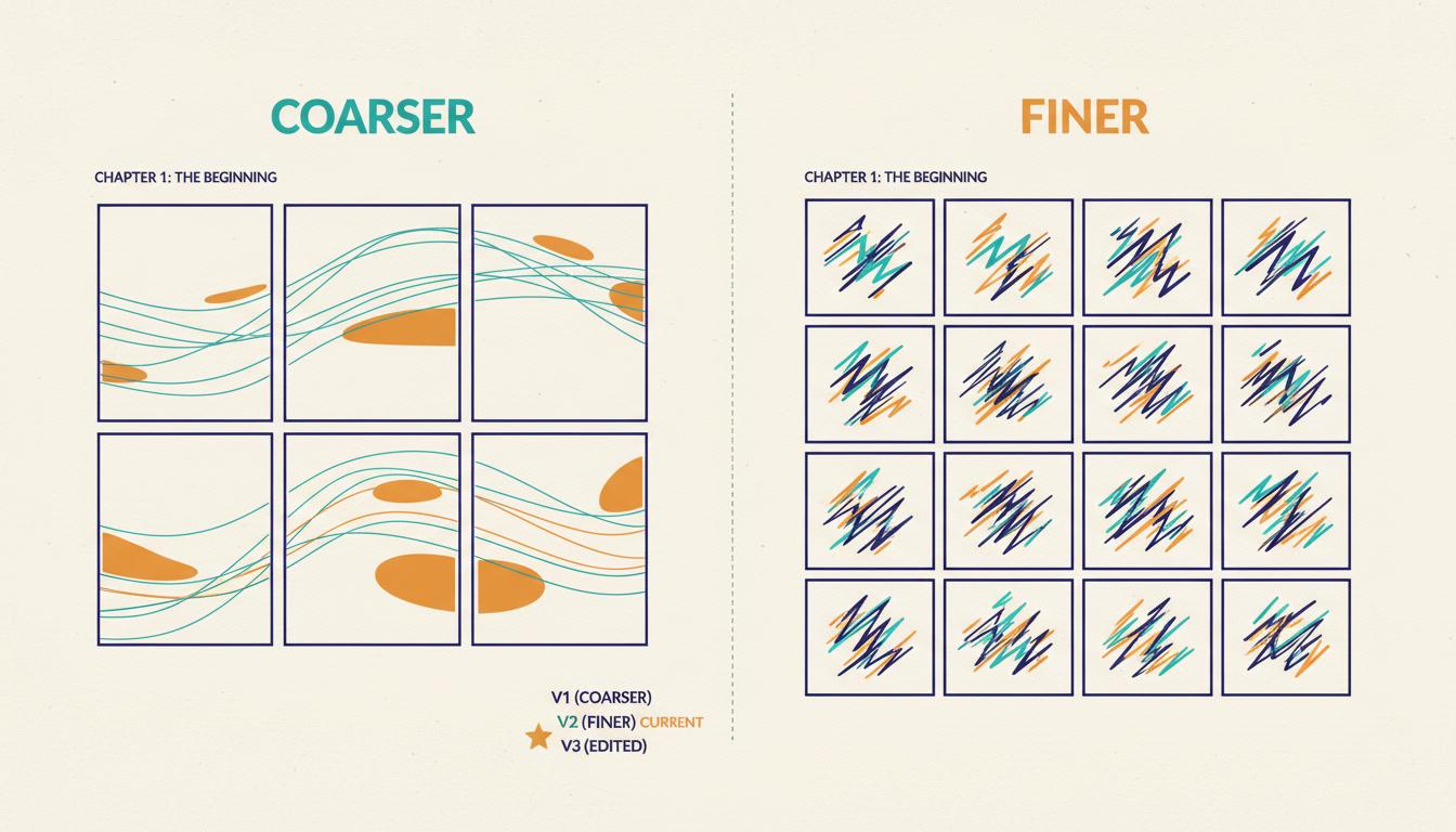 A density comparison showing the same chapter boarded as six large coarser panels and as eighteen small finer panels, both kept as saved drafts with one marked current