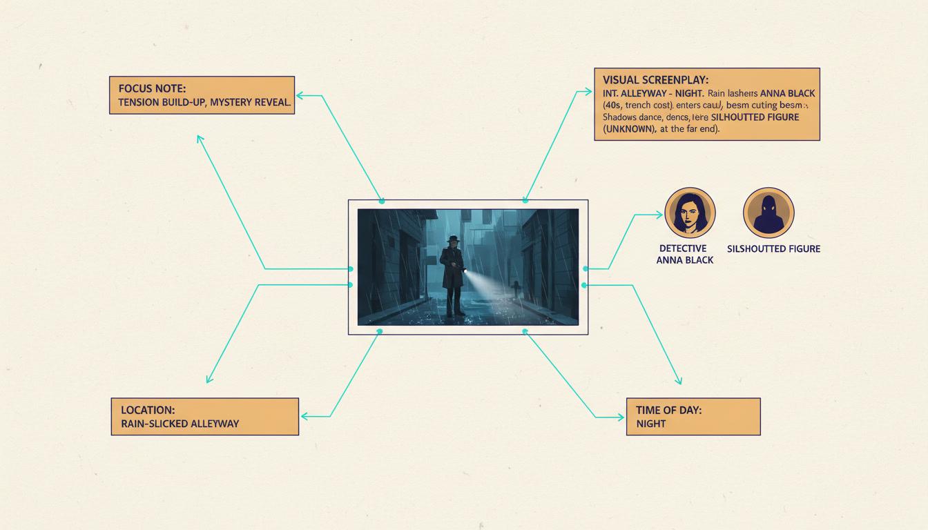 An anatomy diagram of one storyboard shot with labelled fields for the focus line, the visual screenplay, the cast chips, the location tag and the time of day
