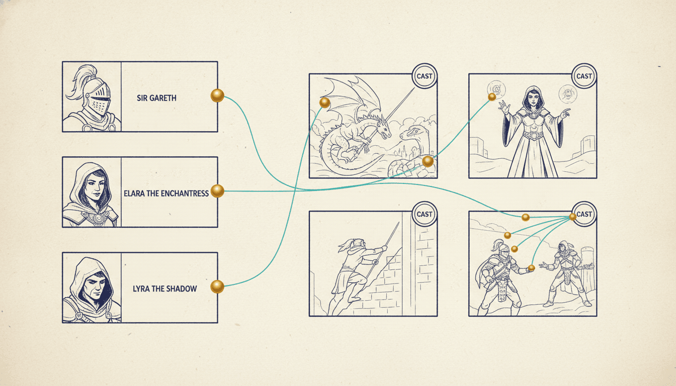 A binding diagram showing character asset cards pinned to the cast chips of four storyboard panels so the same portrait reappears in every panel