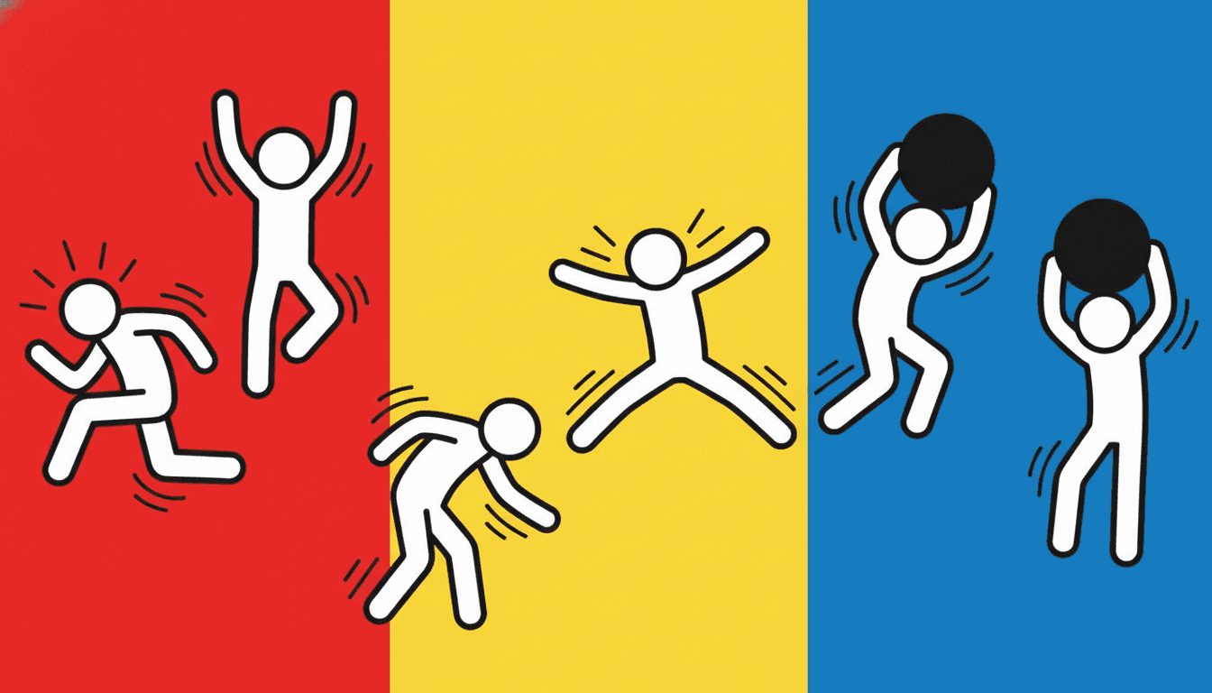 Six faceless white pictogram figures with thick black outlines spread across three flat vertical colour fields — bright red on the left, flat yellow in the middle and strong blue on the right — each caught in a different mid-air action: one running with its knees high and short black stroke marks radiating from its head, one leaping with both arms thrown straight up, one bending forward and reaching down, one in a wide star jump with its legs split apart, and two lifting solid black circles above their heads with both arms