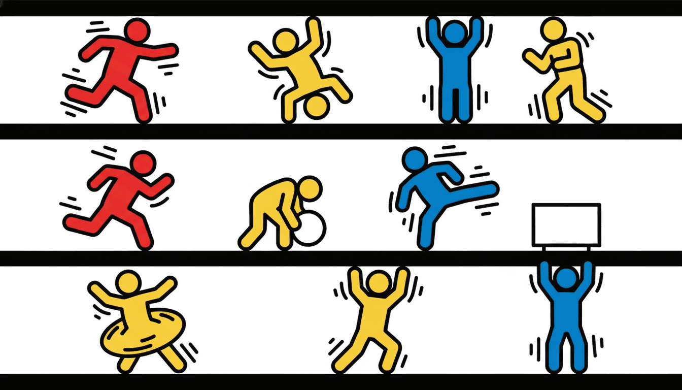 A flat white frame crossed by three thick black horizontal bands and filled with eleven pictogram figures in red, yellow and blue, each a thick black outline with a plain featureless oval head — running, cartwheeling, reaching both arms up, walking, bending over a white ball, kicking one leg out high, spinning in a flared skirt and holding a blank white panel overhead — with short black stroke marks radiating from their limbs