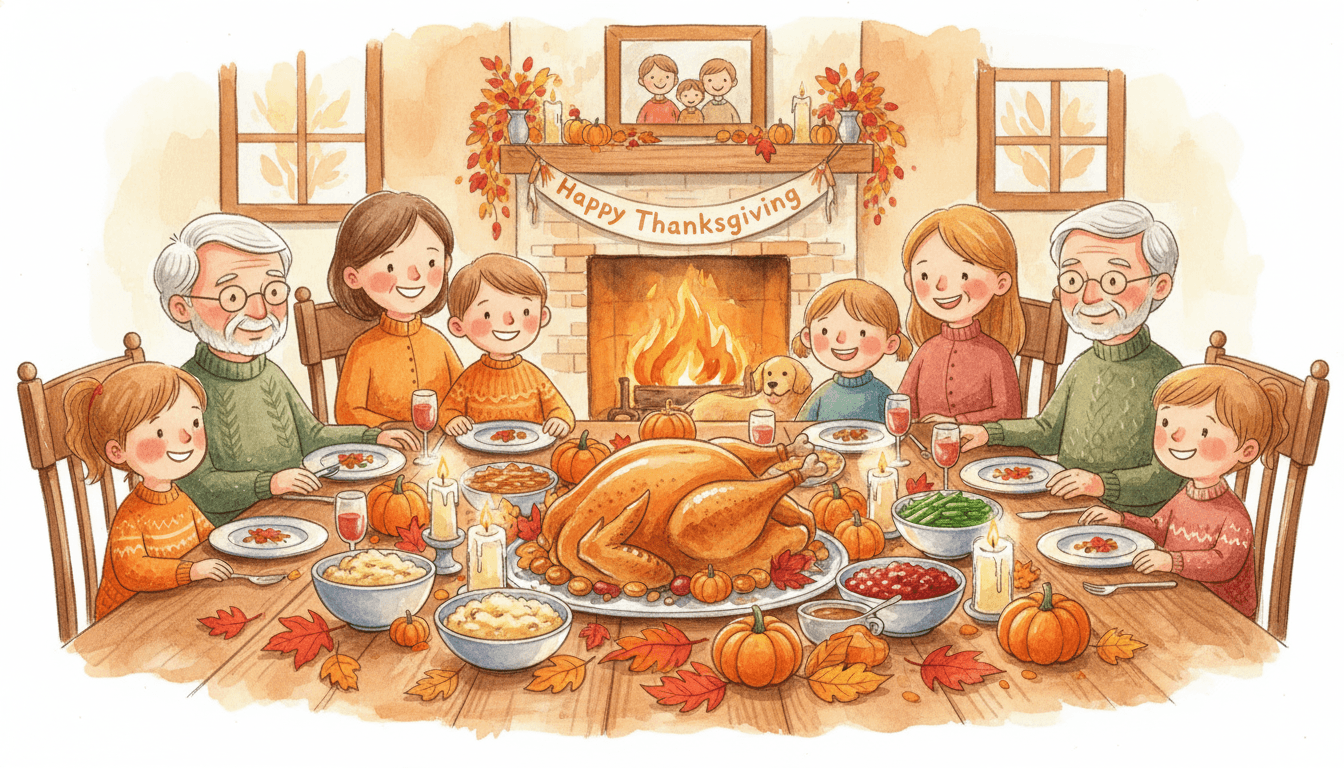 A warm family Thanksgiving dinner with a golden roast turkey, pumpkins, and autumn leaves in watercolor style