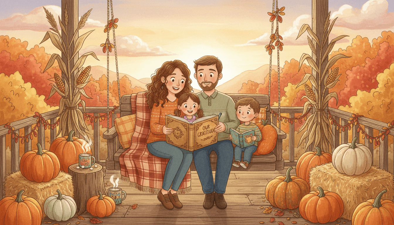 A family on a porch at sunset writing in a gratitude journal surrounded by pumpkins and cornstalks
