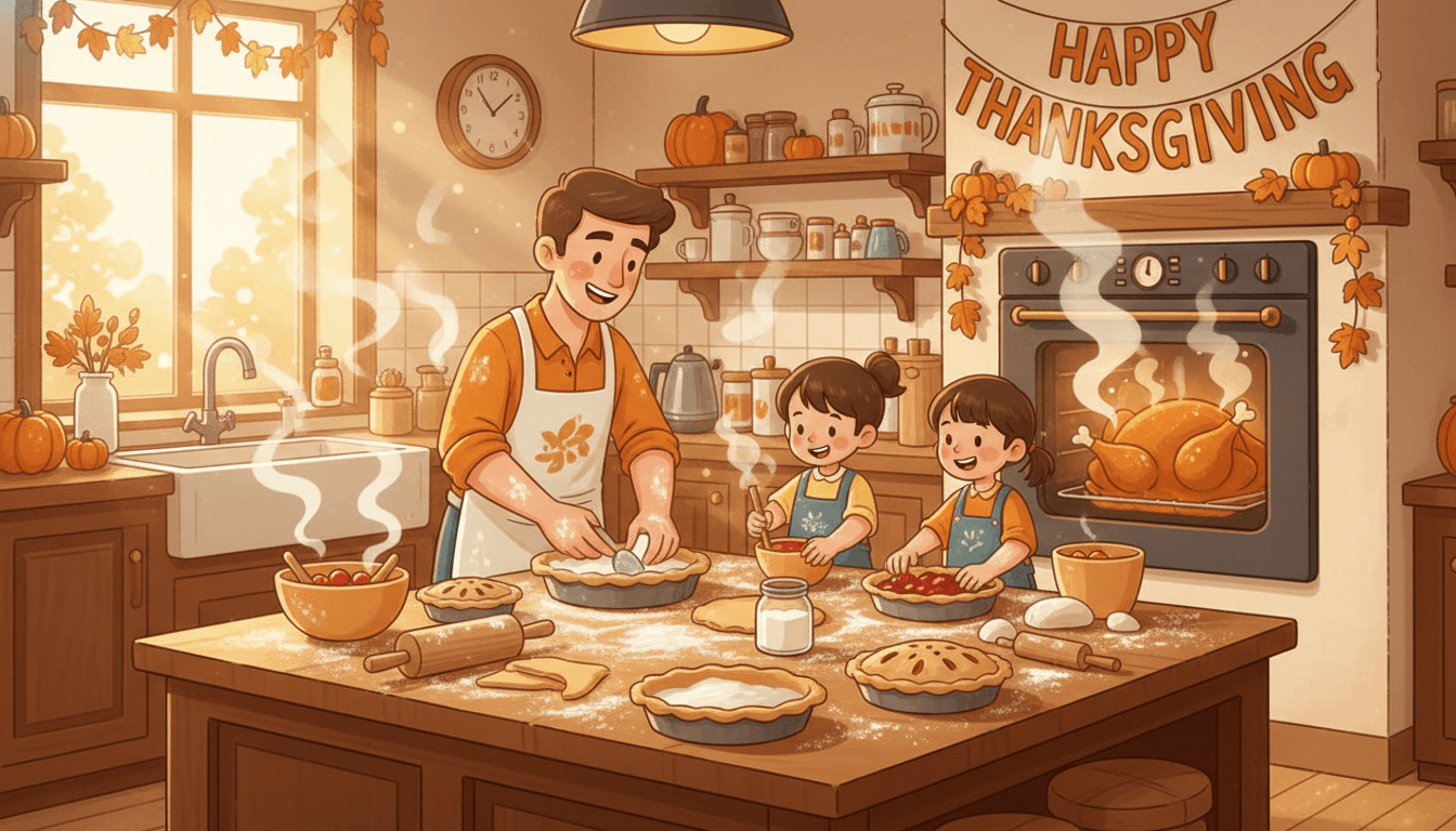 A cozy kitchen on Thanksgiving morning with a parent and two kids baking pies and a turkey in the oven