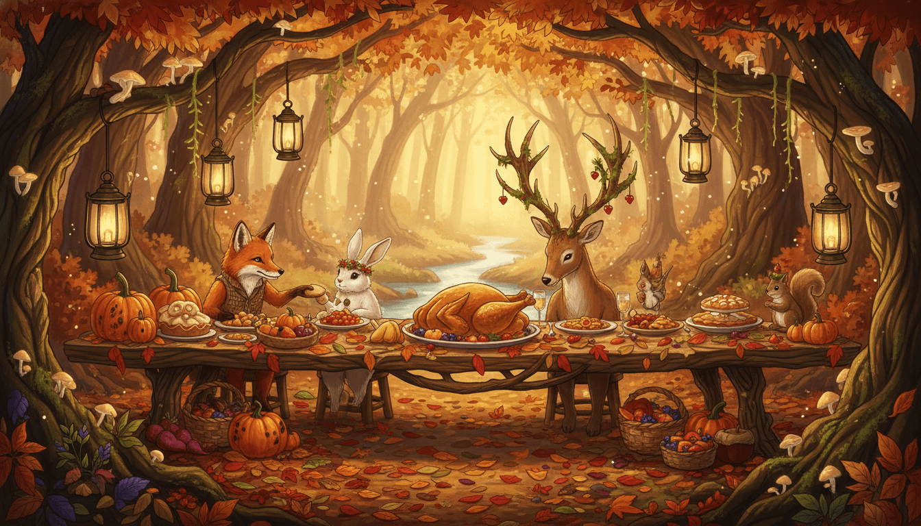 Woodland animals sharing a thanksgiving feast on a leaf-covered table in an enchanted autumn forest