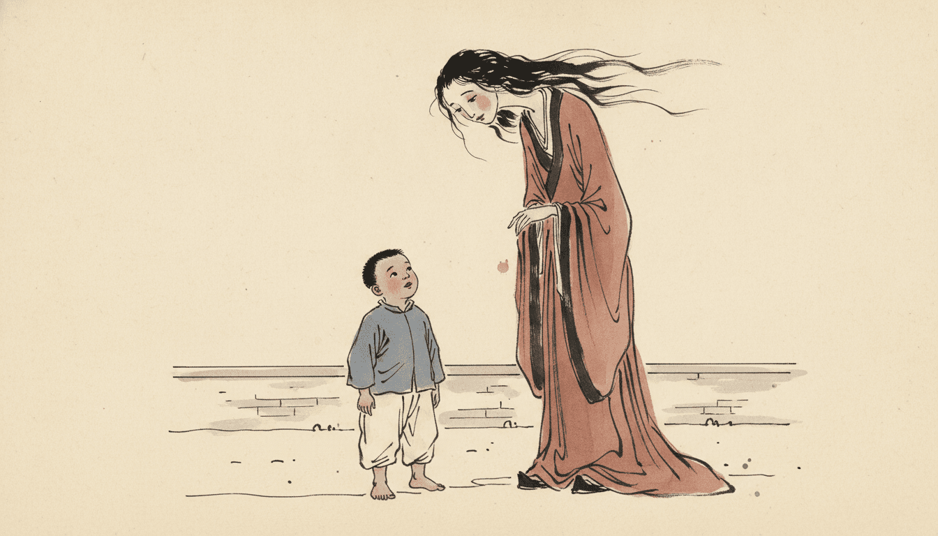 A brush-ink picture-book illustration on warm cream paper of a small barefoot boy in a grey-blue jacket and loose cream trousers looking up at a very tall spirit in a long rust-red robe with black-edged sleeves. The spirit has long black hair streaming sideways in loose brush strokes and bends at the waist to look down at him with a calm, slightly sad face. Behind them a low wall is drawn in a few broken strokes and grey washes, and the rest of the paper is left bare. Nothing casts a shadow.