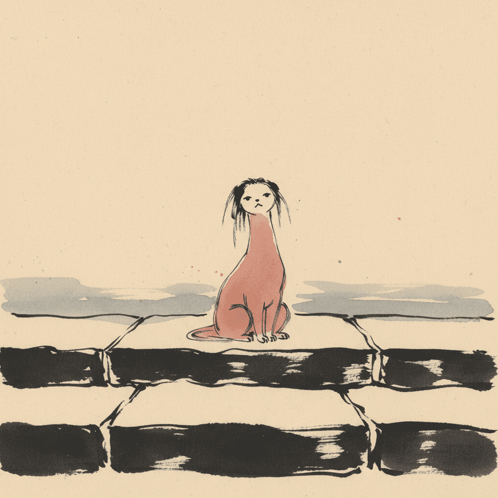 A brush-ink illustration of a small strange creature sitting upright on the top of three broad stone steps, which are drawn as heavy black horizontal brush strokes with streaks of bare paper showing through. The creature has a smooth rust-red body like a sitting cat, a neck that runs up longer than a cat neck should, and a small pale head with a sulky, faintly human face — two narrow eyes and a small downturned mouth — under a ragged fringe of black hair. A thin tail curls along the step beside it. Grey washes lie flat behind the steps, and everything above is bare cream paper.