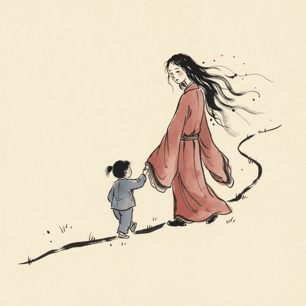 A brush-ink illustration on cream paper of a path drawn as one long wavering black stroke, curving up from the bottom left towards the upper right. Walking along it are a small girl with a short ponytail in a blue-grey jacket and trousers, seen from behind, and beside her a tall spirit in a long rust-red robe with wide sleeves, her long black hair streaming sideways in loose strokes flecked with small ink dots. The girl is holding the end of the spirit sleeve as she would hold a parent hand, and the spirit glances down at her over her shoulder with a calm face.