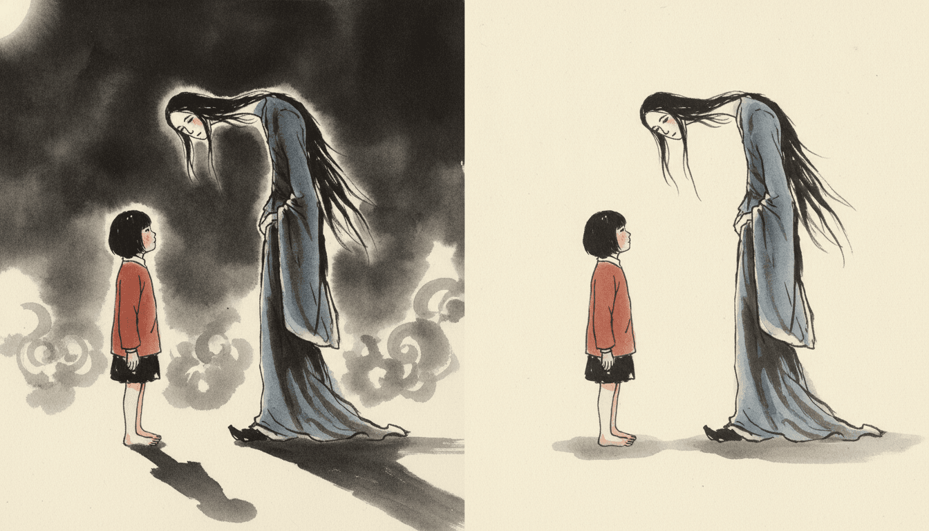 A brush-ink illustration split down the middle into two halves, with the same girl and the same spirit drawn once in each half in identical poses: a small barefoot girl with a black bob, a rust-red jacket and a black skirt looking up, and a very tall spirit in a long blue robe with long black hair hanging forward, bending over to look down at her. In the left half it is night: a pale moon in the top corner, the whole background washed in heavy black and grey ink, curls of mist around their feet, a pale glow around the spirit outline, and long hard black shadows stretching out from both figures across the ground. In the right half there is only bare cream paper, with nothing behind them and just a faint soft grey smudge of ground beneath their feet. The spirit looks exactly as strange in the daylight as in the dark.