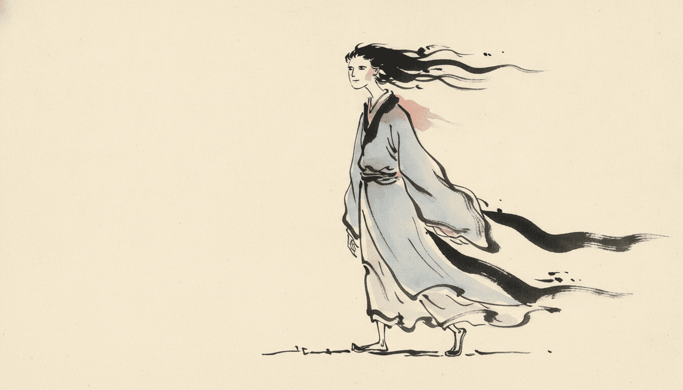 A brush-ink illustration of a single spirit walking from left to right across an almost empty sheet of cream paper. She wears a long pale blue robe with a touch of red at the collar, and her black hair streams out behind her in wild, fast brush strokes that break into flicks of ink at the ends. Two long sleeves trail behind her as thick black strokes that thin out into dry-brush streaks. Her feet touch one loose broken line for the ground, and nothing else is drawn anywhere.
