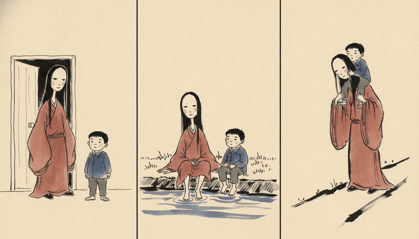 A brush-ink picture-book illustration laid out as three tall panels side by side, showing the same spirit and the same boy three times. The spirit is a tall pale woman with long straight black hair and a long rust-red robe with wide sleeves; the boy has short black hair, a blue jacket and grey trousers. In the left panel they stand together in front of an open wooden doorway with darkness inside it. In the middle panel they sit side by side on a riverbank with their bare feet in water drawn as flat blue washes. In the right panel the spirit carries the boy on her shoulders along a path drawn as two thick black brush strokes. Every panel is plain cream paper behind them.