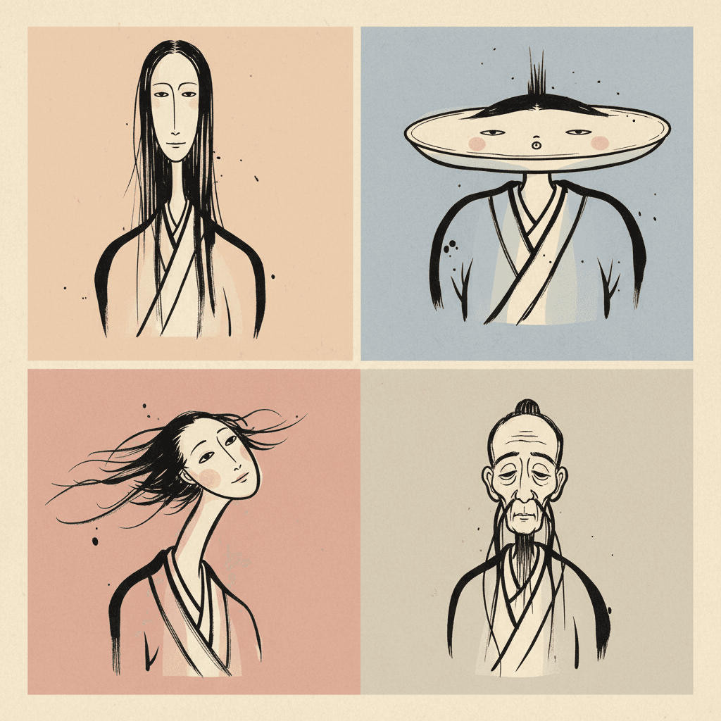 A brush-ink illustration arranged as four square panels in a two-by-two grid, separated by narrow cream gaps, each holding one spirit shown from the chest up in a crossed robe. Top left, on peach: a spirit with a very long narrow pale face, tiny eyes set close together and long straight black hair falling past its shoulders. Top right, on pale blue: a spirit whose face is a wide flat disc like a plate, with small eyes at its far edges, a tiny round mouth and a spike of hair standing straight up. Bottom left, on dusty pink: a spirit with a long thin neck and a small tilted face, smiling slightly, its hair blown sideways in loose strokes. Bottom right, on warm grey: an old spirit with a bald domed head, heavy-lidded sleepy eyes and a long thin beard trailing down its robe. Every face is calm, and no two are alike.