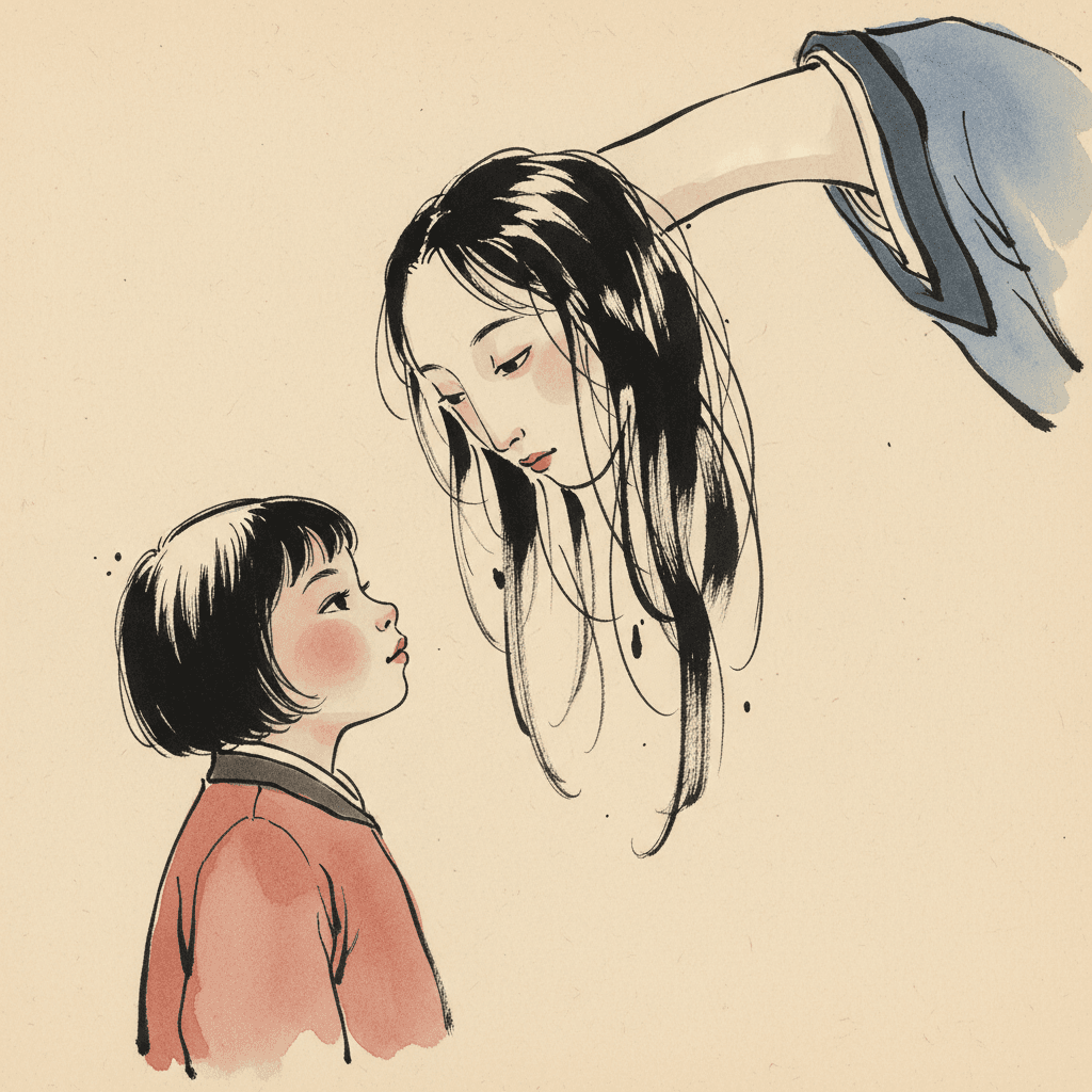 A brush-ink illustration on cream paper of a small girl with a black bob and a rust-red jacket, seen from the shoulders up in the lower left, looking up with calm curiosity. Coming down to meet her from the top right corner is a spirit: from the shoulder of a blue robe, an impossibly long pale neck stretches down across the page to a woman face framed by long black hair, her eyes lowered towards the girl. Their faces are close together, and the rest of the paper is bare. Nothing casts a shadow.