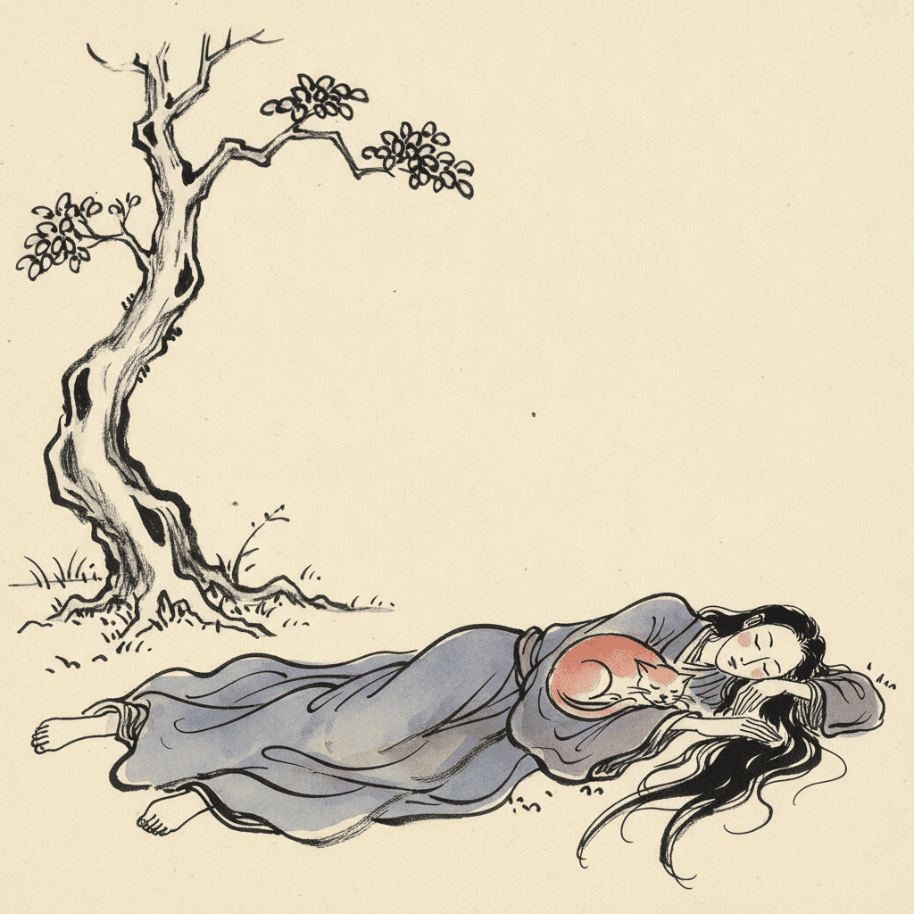 A brush-ink illustration on cream paper of a gnarled old tree rising from the left, drawn in rough dry-brush strokes with a few clusters of leaves as small ink loops. Lying asleep on the grass in front of it, stretched out across the bottom of the picture, is a long spirit in a flowing blue-grey robe, her head resting on her arm, her eyes closed and her long black hair spilling across the ground. Curled up asleep against her chest is a small orange cat. Her bare feet poke out from the hem of the robe at the left, and the space above her is bare paper.