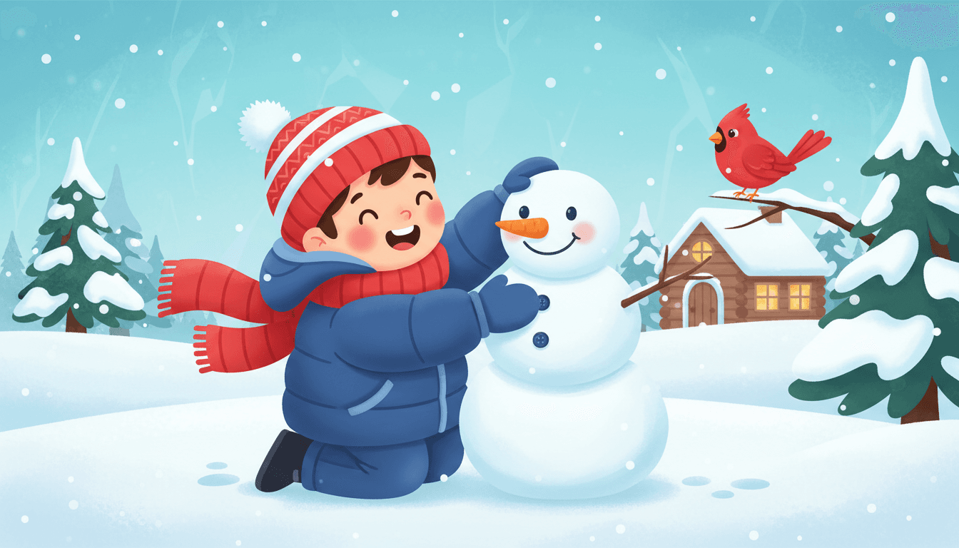A happy bundled-up child in a cozy coat, hat and mittens building a friendly snowman in a snowy yard with a cabin and falling snowflakes in an AI-generated winter story