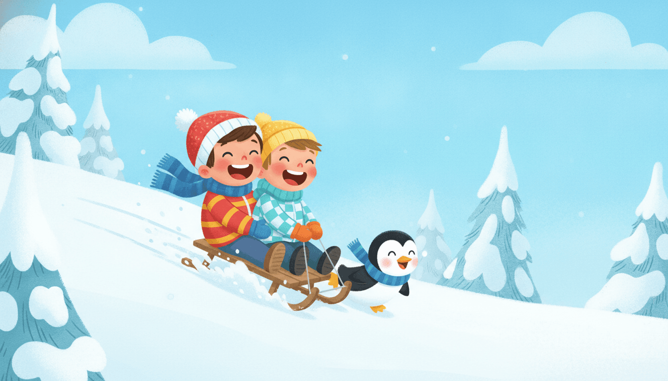 Two happy little friends sledding down a snowy hill on a wooden sled with a playful penguin sliding alongside