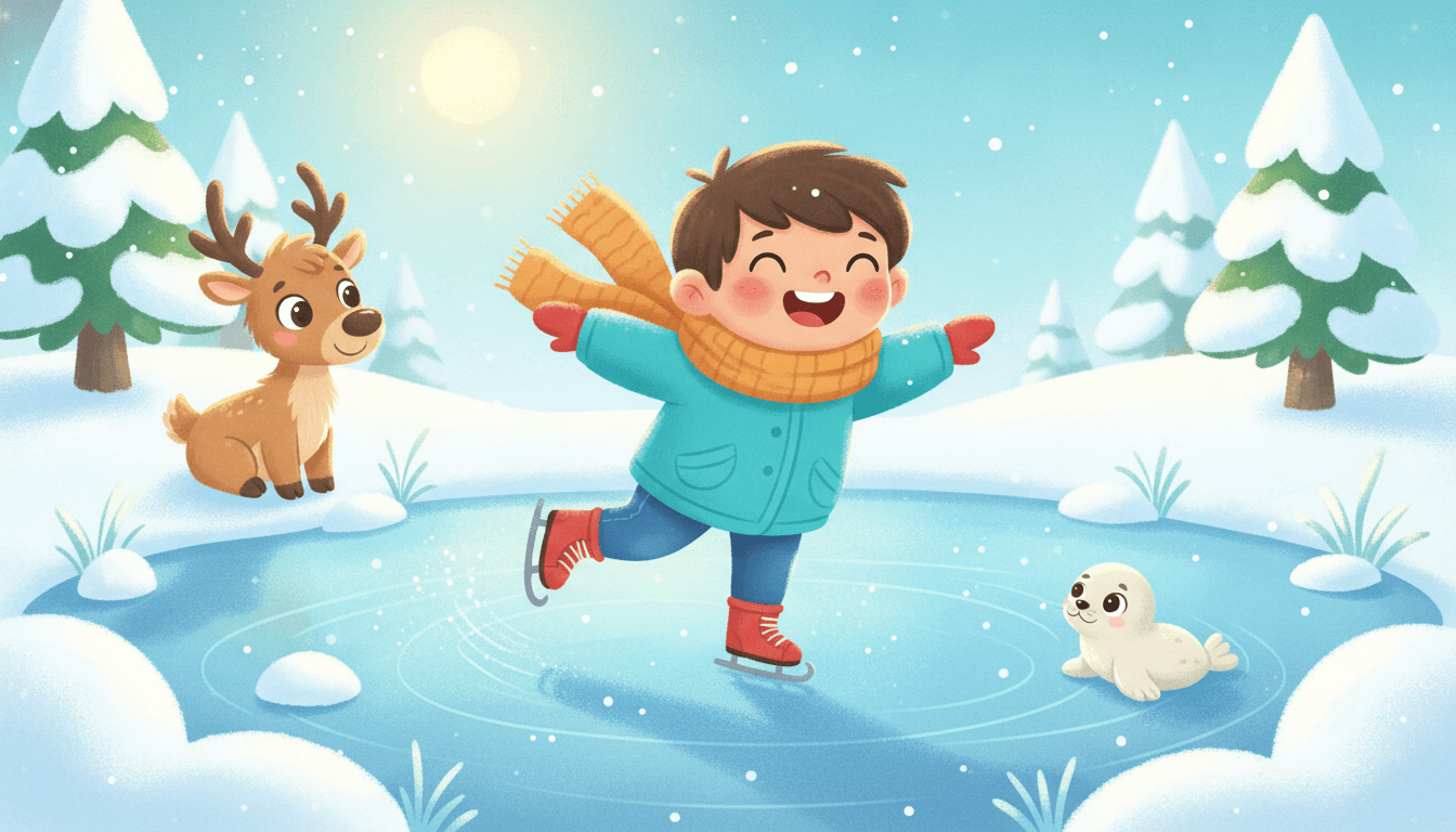 A cheerful child ice skating on a frozen pond surrounded by snowy evergreen trees with a reindeer and a baby seal watching