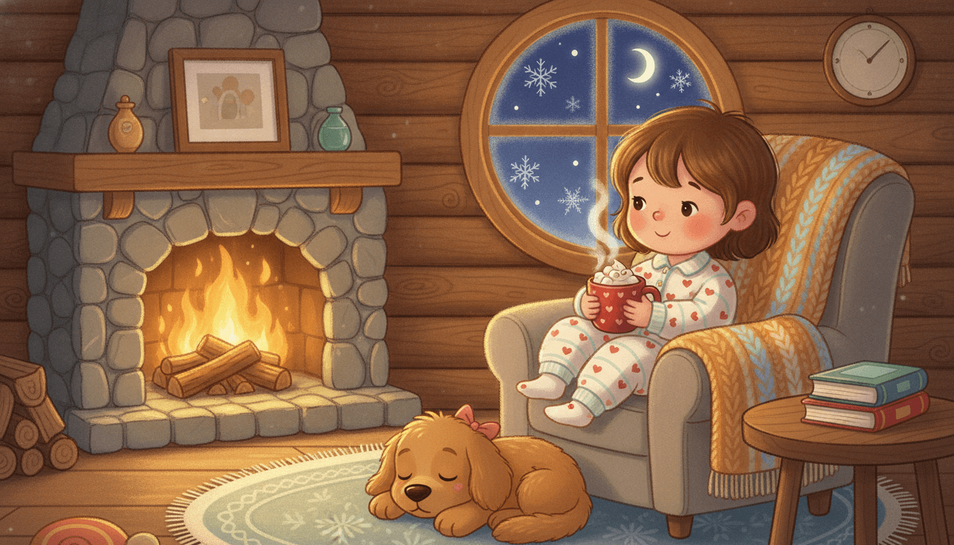 A sweet child in pajamas drinking hot cocoa by a cozy fireplace inside a log cabin while snow falls outside the frosty window