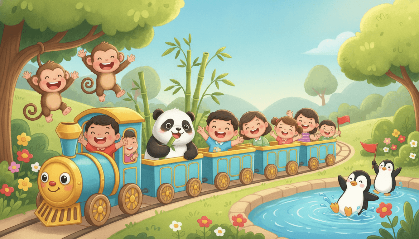 Happy children riding a cute little zoo train past friendly waving monkeys, a bamboo-munching panda and waddling penguins on a sunny day