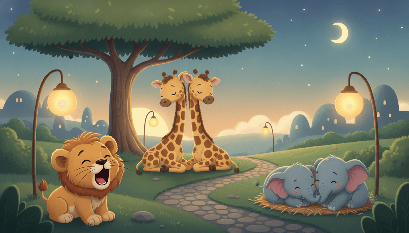 The zoo saying goodnight — a sleepy lion cub yawning while baby elephants and giraffes rest under glowing lanterns and a starry evening sky
