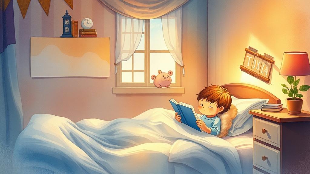 Cozy bedroom scene with child listening to a bedtime story, dreamy watercolor illustration