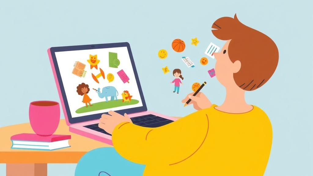 Creating an illustrated story on a laptop with colorful illustrations appearing on screen
