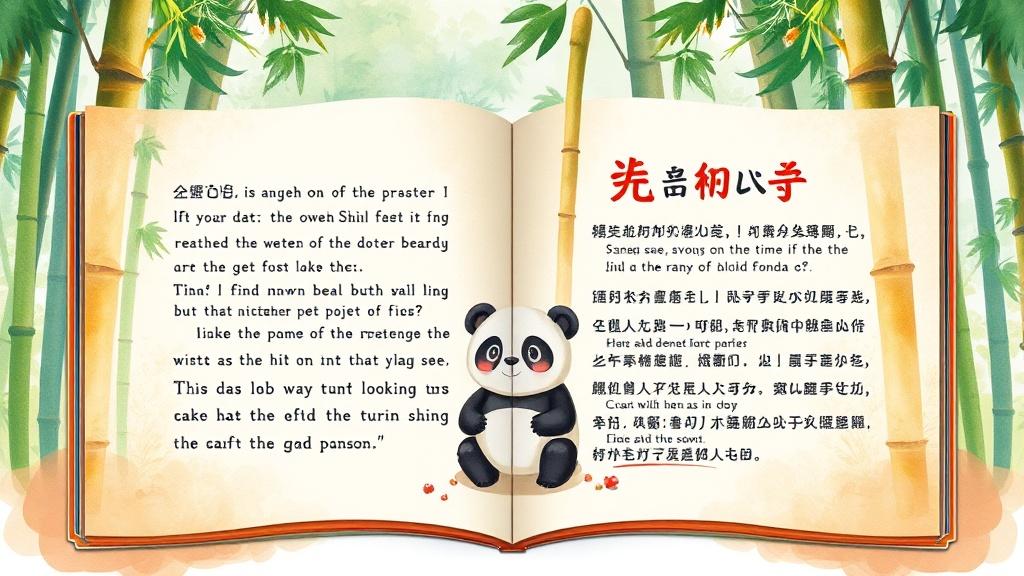 A bilingual storybook showing English and Chinese text with a panda character in a watercolor bamboo forest