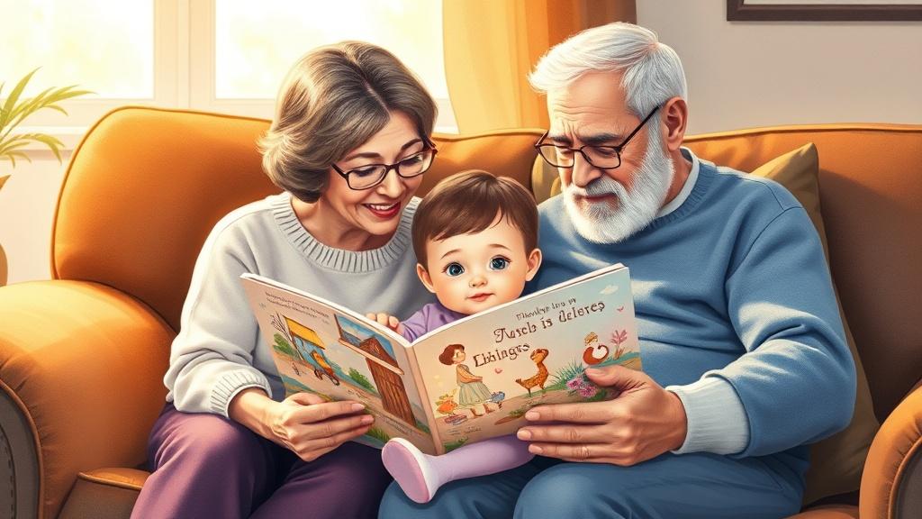 Loving grandparents reading a beautifully illustrated storybook to their grandchild on a cozy sofa