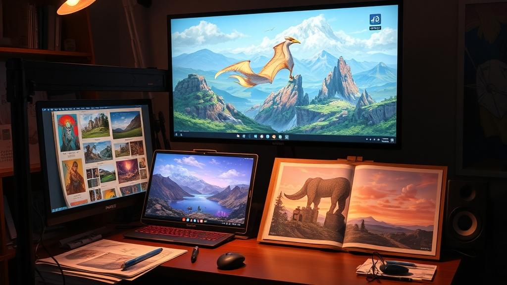 Professional digital artist workspace showing beautiful book illustrations being created on screen