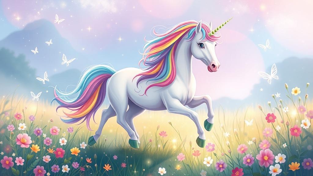 A majestic unicorn with a rainbow mane galloping through an enchanted meadow filled with sparkling flowers