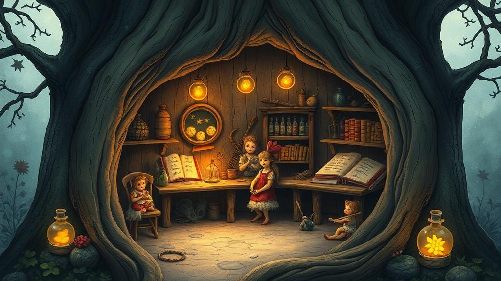 A fairy workshop inside a hollow tree where tiny fairies craft magical wands from stardust and moonbeams