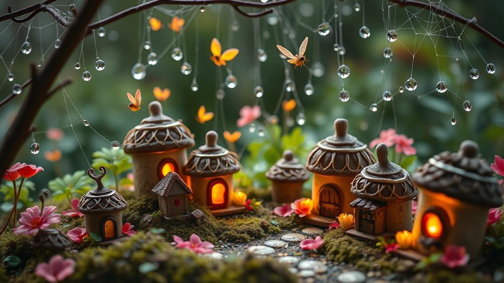 A fairy garden village with tiny houses made from acorn caps and flower petals with fairies flying among dewdrops