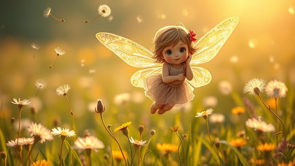 A young fairy with sparkly wings learning to fly with help from friends above a meadow of wildflowers