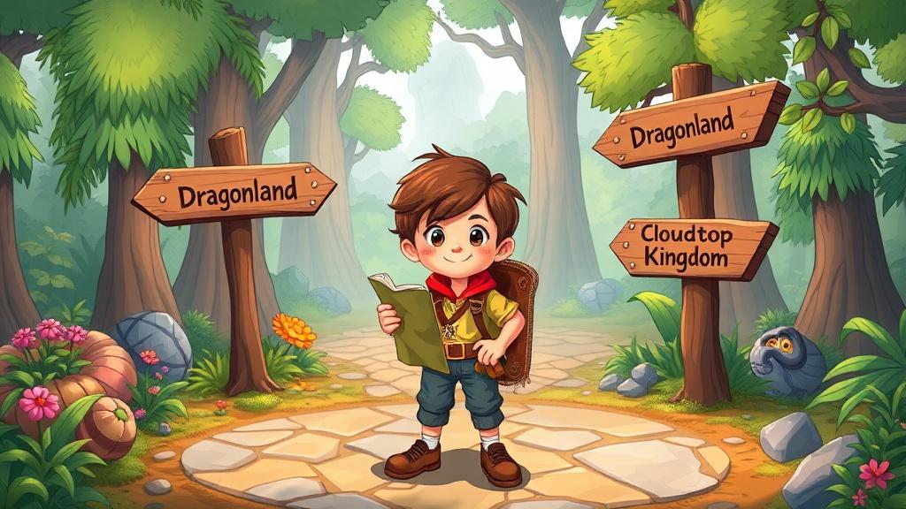 A young explorer with a map and compass standing at a crossroads in an enchanted forest with signs pointing to different magical destinations