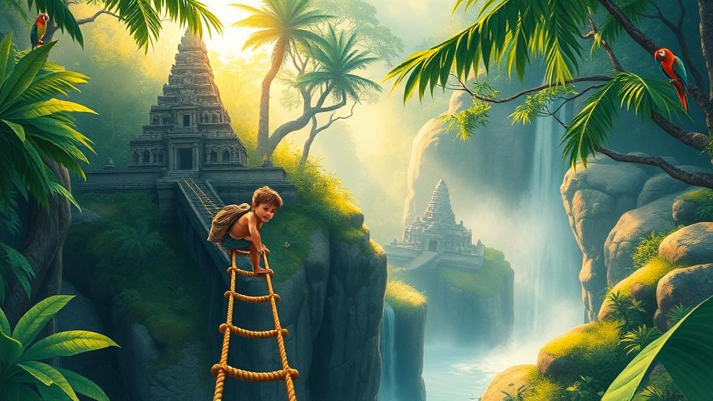 A brave child explorer climbing a rope bridge over a misty canyon in a lush jungle with ancient temple ruins and golden sunlight breaking through the canopy