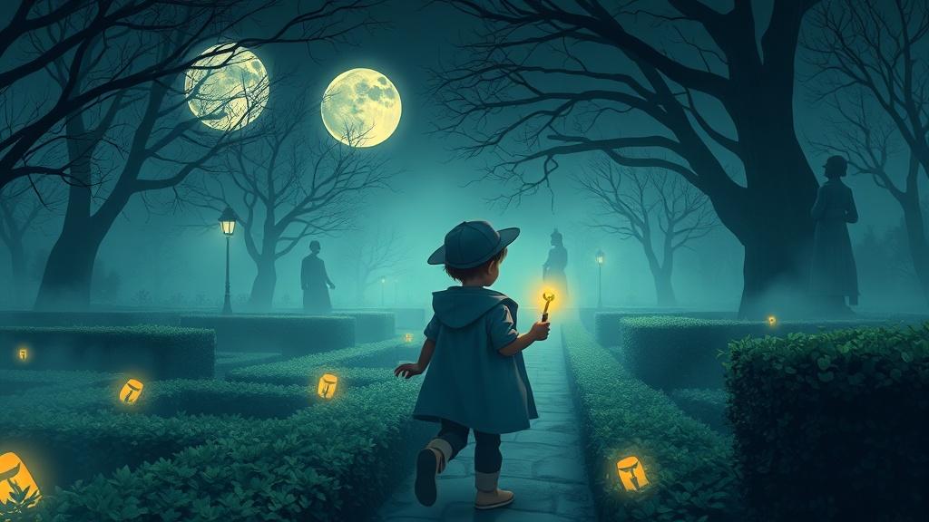 A child in a detective hat following a trail of glowing clues through a foggy moonlit garden with statues and hedge maze silhouettes