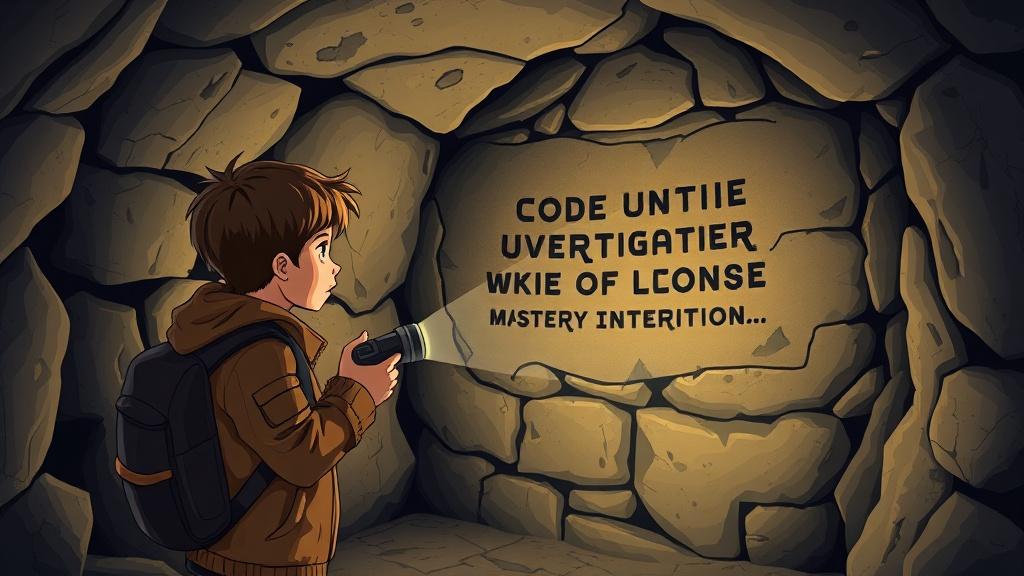 Two young investigators using a flashlight to read a coded message on an ancient stone wall inside a secret underground passage
