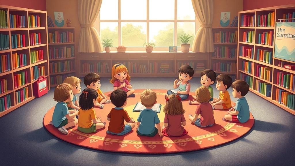 Children sitting in a circle on a colorful carpet during story time in a cozy library corner with bookshelves