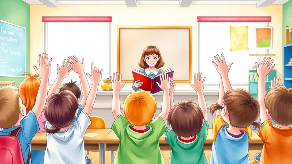 Happy children in a colorful classroom raising their hands while a friendly teacher reads from a big storybook in watercolor style