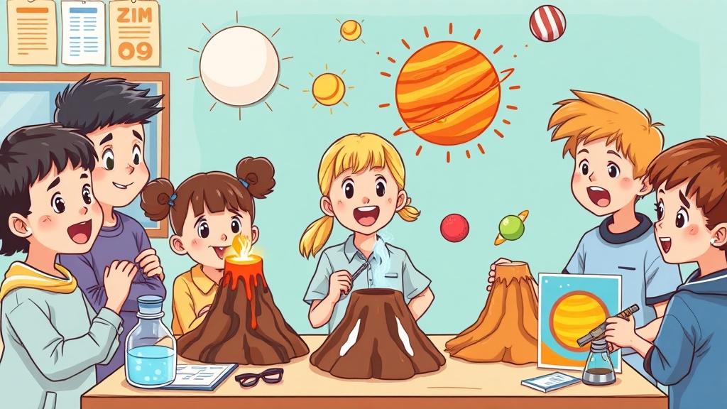 A school science fair with children presenting creative volcano and solar system projects