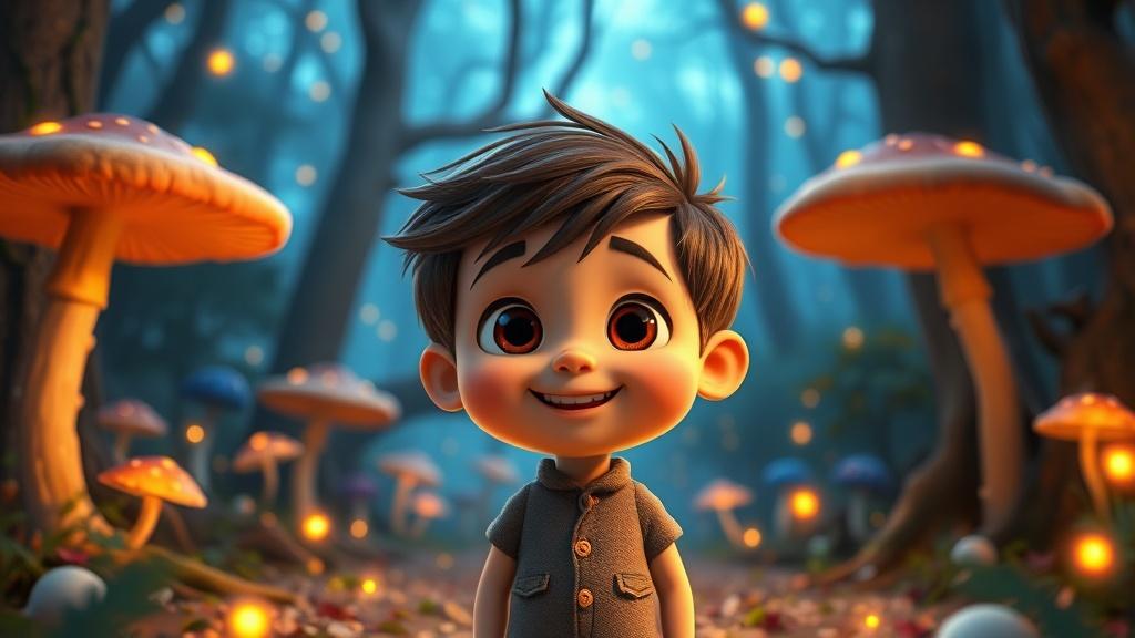 A cheerful Pixar-style 3D animated boy with big expressive eyes and round features standing in a magical enchanted forest with glowing mushrooms and fireflies soft cinematic lighting