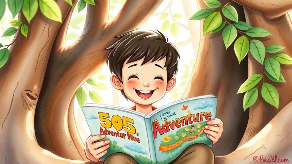 A happy 5-year-old child reading a colorful adventure book in a treehouse with sunlight filtering through leaves