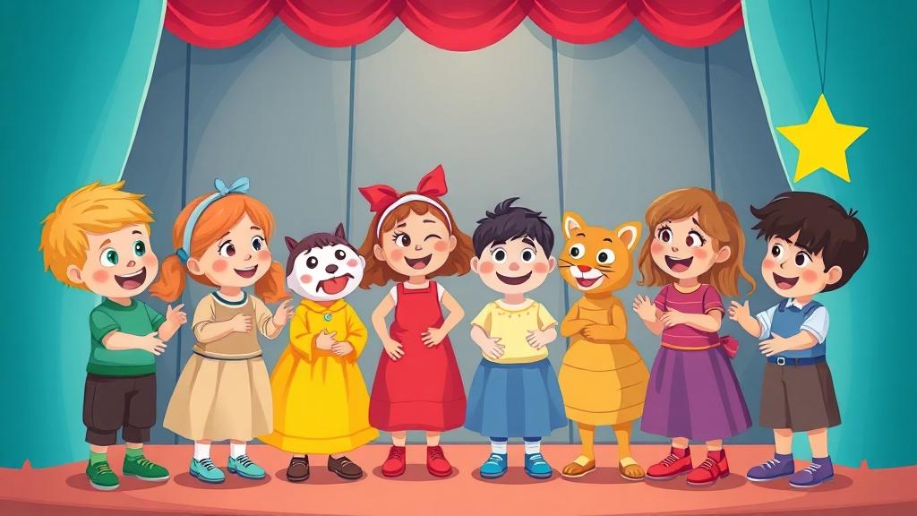 A group of kindergarten children putting on a puppet show with handmade puppets on a colorful stage